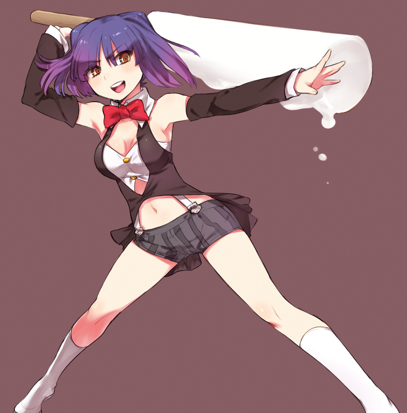 bad_deviantart_id bad_id bare_shoulders bow bowtie breasts cleavage detached_sleeves food gradient_hair medium_breasts melting midriff multicolored_hair naso4 navel open_mouth original oversized_object popsicle short_shorts shorts simple_background socks solo suspenders white_legwear yellow_eyes
