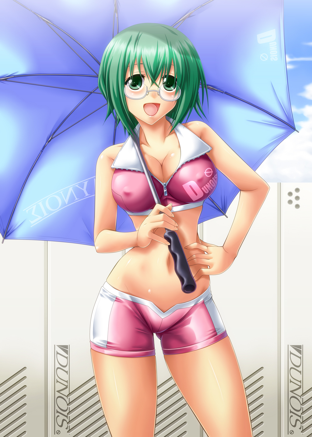 ayato breasts cleavage covered_nipples glasses green_eyes green_hair hands_on_hips highres infinite_stratos large_breasts midriff navel open_mouth race_queen short_hair shorts sleeveless smile solo umbrella yamada_maya_(infinite_stratos)