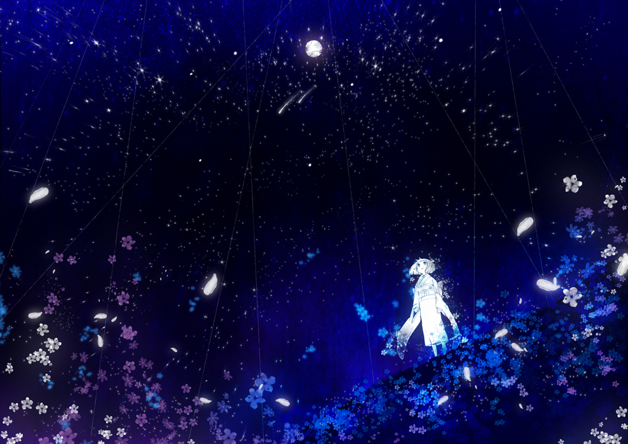 bad_id bad_pixiv_id flower full_moon japanese_clothes kimono kotokoto_(vibgyor) moon night night_sky original petals scenery shooting_star sky solo star_(sky) starry_sky