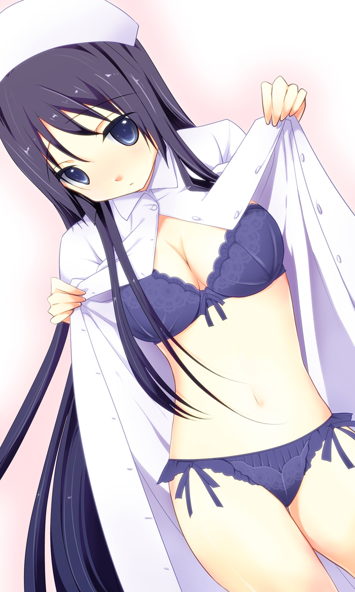 akiyama_mio aruki black_hair blue_bra blue_eyes blue_panties bra breasts cleavage dutch_angle hat k-on! lace lace_bra lace_panties large_breasts lingerie long_hair nurse nurse_cap open_clothes panties solo underwear undressing very_long_hair