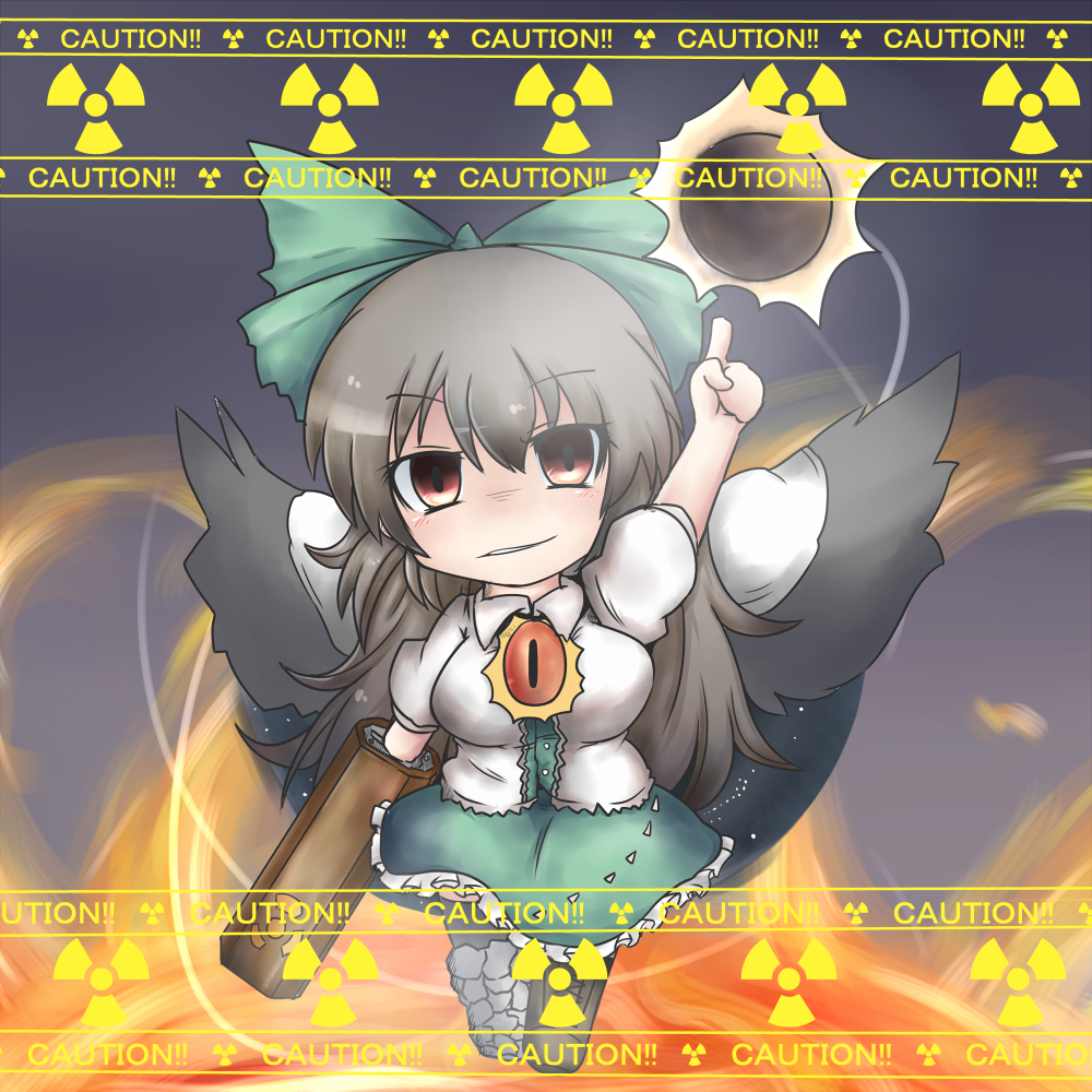 arm_cannon black_wings bow brown_hair cape caution chibi concrete dekasudachin energy_ball fire flame frilled_skirt frills green_skirt hair_bow long_hair medium_skirt mismatched_footwear pointing pointing_up radiation_symbol red_eyes reiuji_utsuho shirt skirt smirk solo third_eye touhou walking weapon wings