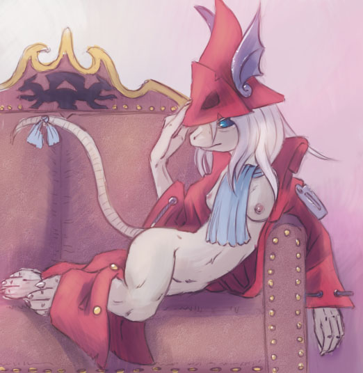 blue_eyes breasts burmecian clothed clothing female final_fantasy final_fantasy_ix freya_crescent hair half-dressed hat lying mammal nipples rat rodent scarf sofa solo undressing video_games white_hair