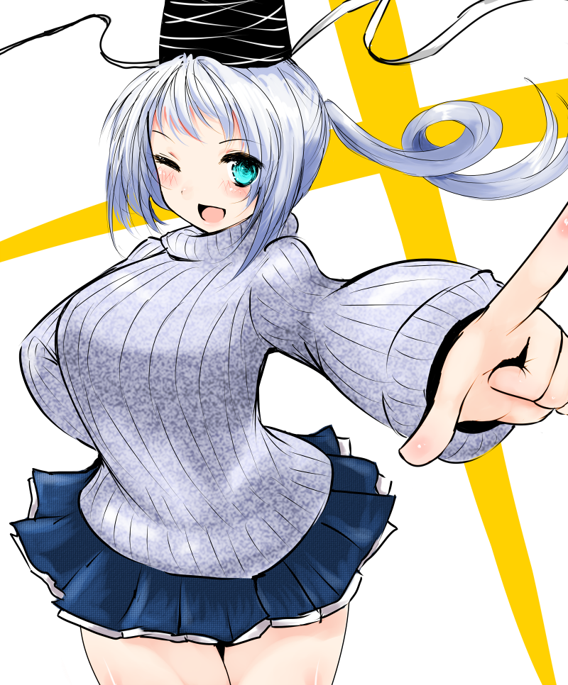 breasts green_eyes han_(jackpot) hat huge_breasts miniskirt mononobe_no_futo one_eye_closed open_mouth ponytail ribbed_sweater short_hair silver_hair skirt smile solo sweater tate_eboshi touhou