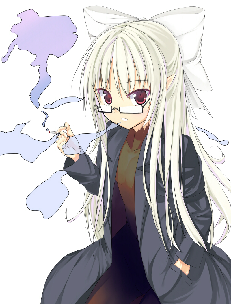 ban_(bannyata) bespectacled bow cigarette coat glasses hair_bow half_updo hand_in_pocket long_hair looking_at_viewer melty_blood naked_coat pointy_ears red_eyes simple_background smoke smoking solo tsukihime white_hair white_len