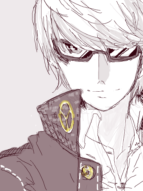 close-up glasses grey_eyes male_focus narukami_yuu persona persona_4 school_uniform simple_background smirk solo tegaki