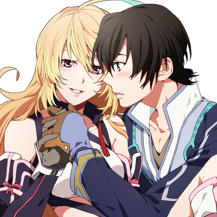 1girl ahoge bad_id bad_pixiv_id black_hair blonde_hair blue_hair brown_eyes coat couple gloves hetero holding_hands jude_mathis long_hair milla_maxwell multicolored_hair red_eyes shirt smile strapless tales_of_(series) tales_of_xillia taut_clothes taut_shirt tubetop two-tone_hair yuzumame
