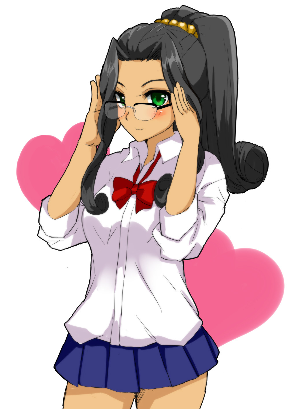 :3 bespectacled black_hair blush bow bowtie curly_hair dress_shirt fuurin_kingyou glasses green_eyes high_ponytail highres long_hair pleated_skirt ponytail sakura_taisen sakura_taisen_ii shirt skirt soletta_orihime