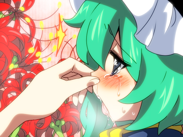 bad_id bad_pixiv_id blue_eyes blush drooling eromame face flower green_hair hat heavy_breathing nose_pinch open_mouth saliva shiki_eiki short_hair solo spider_lily tears tongue tongue_out torogao touhou