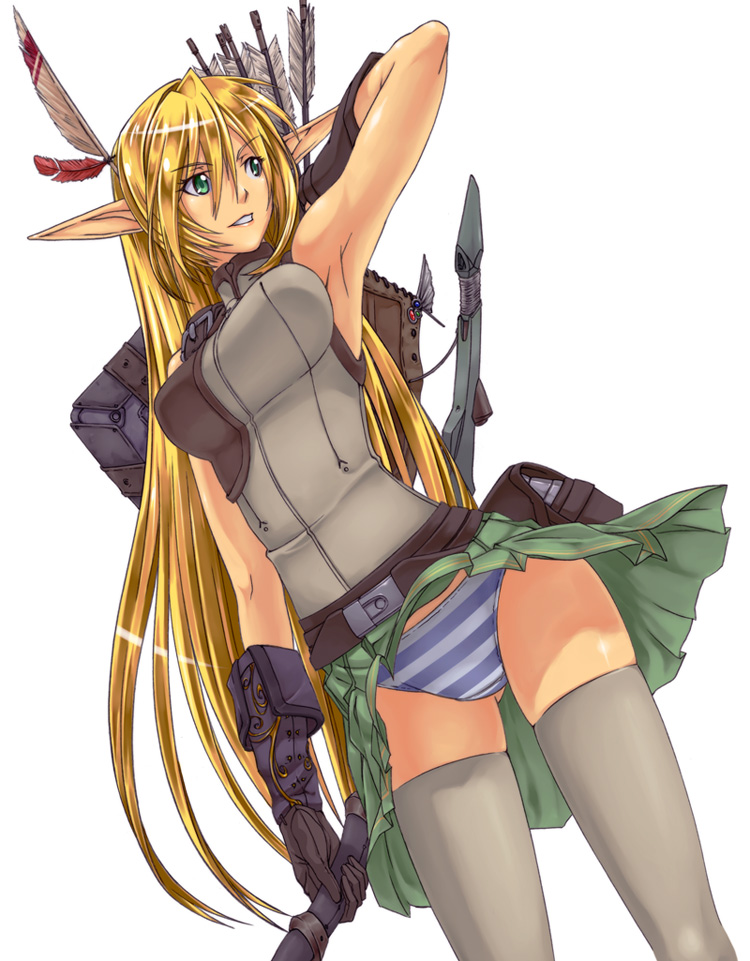 arm_up armpits arrow blonde_hair bow_(weapon) dutch_angle elf feathers gloves green_eyes green_skirt grey_legwear hair_feathers long_hair long_pointy_ears miniskirt original otarou_(otamax) panties pleated_skirt pointy_ears simple_background skirt solo striped striped_panties thighhighs underwear very_long_hair weapon wind wind_lift