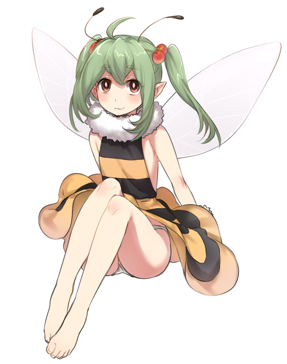 :3 antennae bad_deviantart_id bad_id bare_legs barefoot bee_girl dress feet flat_chest fur_collar green_hair hair_bobbles hair_ornament insect_girl insect_wings long_hair monster_girl naso4 original panties pantyshot pointy_ears red_eyes sidelocks solo twintails underwear wings