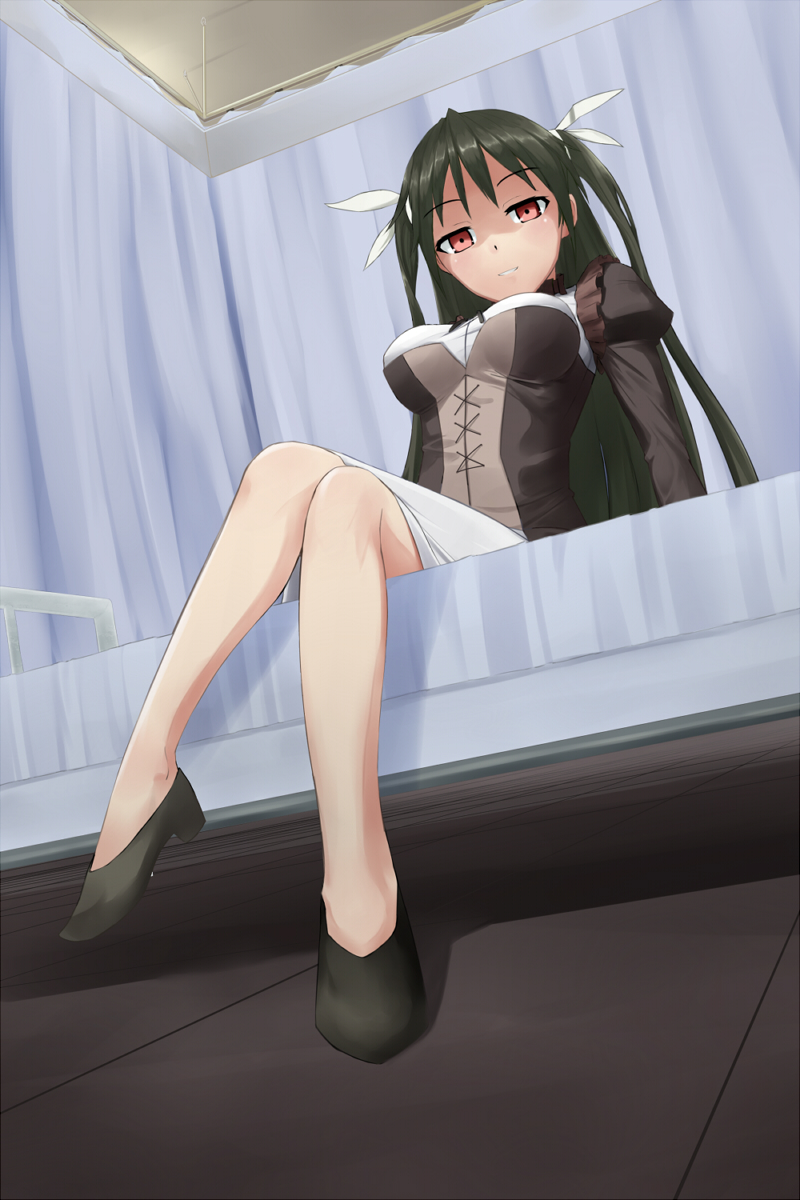 black_hair hair_ribbon highres legs long_hair long_legs mayo_chiki! open_mouth red_eyes ribbon shaded_face shinbee sitting solo suzutsuki_kanade twintails two_side_up