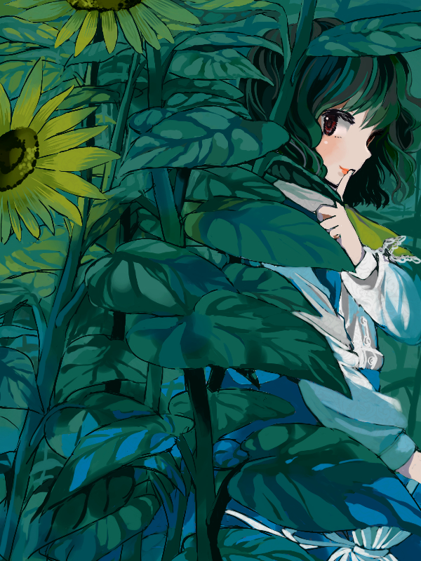 alternate_costume brown_eyes finger_to_mouth flower from_side green_hair hiding kazami_yuuka kinosaki leaf long_sleeves looking_at_viewer profile short_hair solo sunflower touhou