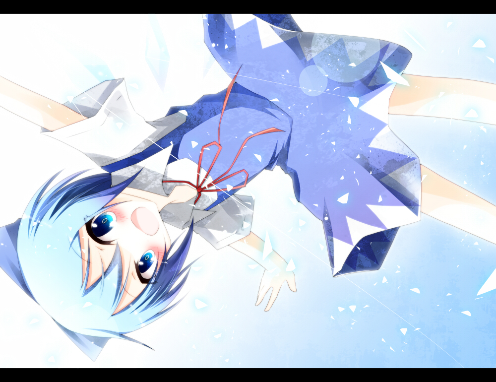 blue_eyes blue_hair bow cirno dress hair_bow hakobako letterboxed open_mouth short_hair solo touhou