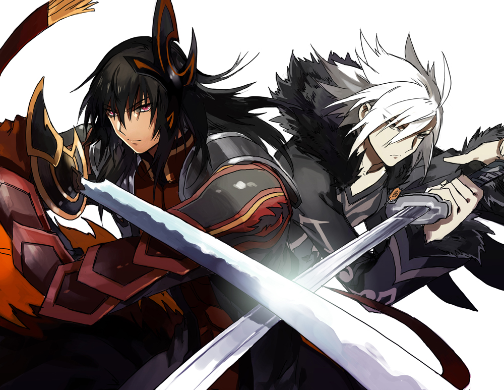 armor black_hair coat gaius_(tales) gauntlets grey_eyes hair_ornament katana male_focus multiple_boys red_eyes starshadowmagician surcoat sword tales_of_(series) tales_of_xillia weapon white_background white_hair wingul_(tales)