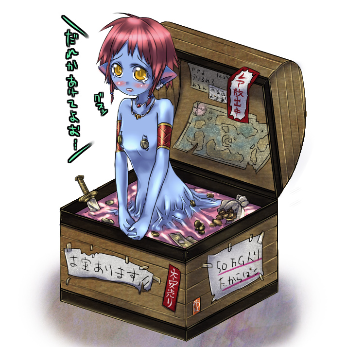 armband blue_skin blush commentary fang itsue_(hitamola) jewelry knife map mimic mimic_chest money monster_girl necklace open_mouth pointy_ears purple_hair short_hair sign solo tears translated treasure_chest yellow_eyes