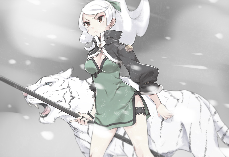 animal bad_deviantart_id bad_id bracelet breasts cleavage cleavage_cutout dress garters hair_ribbon jewelry long_hair medium_breasts naso4 open_mouth original ribbon serious short_dress side_slit snowing solo staff tiger white_hair white_tiger
