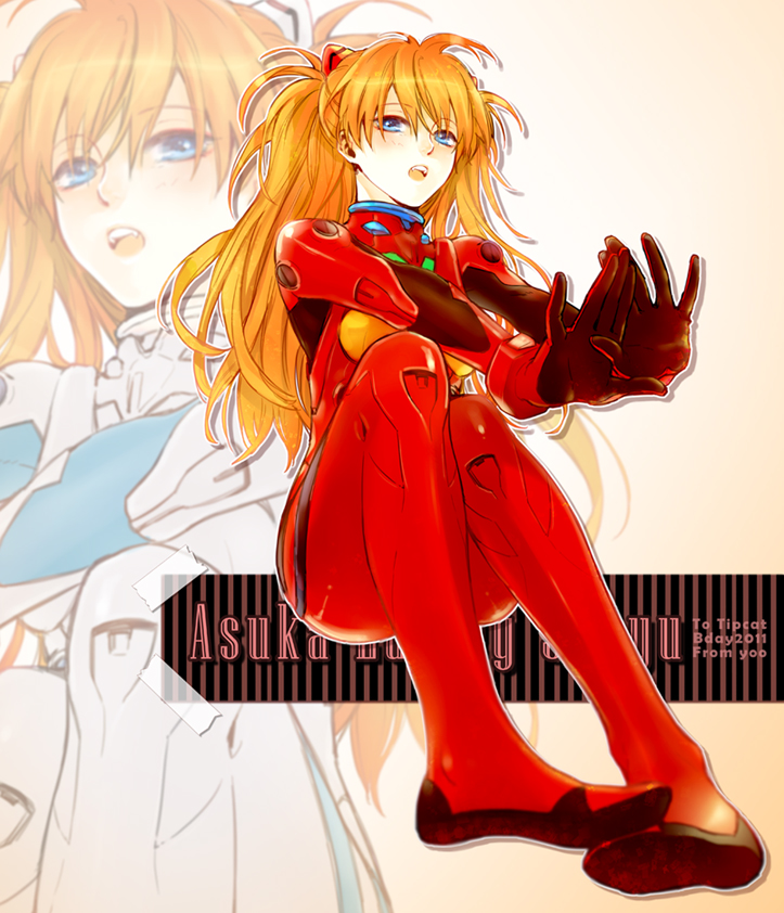 blue_eyes character_name hair_ornament long_hair neon_genesis_evangelion open_mouth orange_hair outstretched_arms plugsuit souryuu_asuka_langley yooani zoom_layer