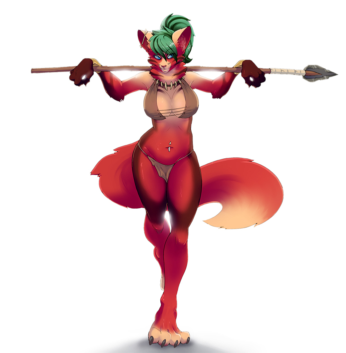 bikini blue_eyes breasts canine cleavage clothed clothing esatu female fox green_hair hair mammal necklace nesrin pinup plain_background polearm pose simple_background skimpy solo spear standing swimsuit