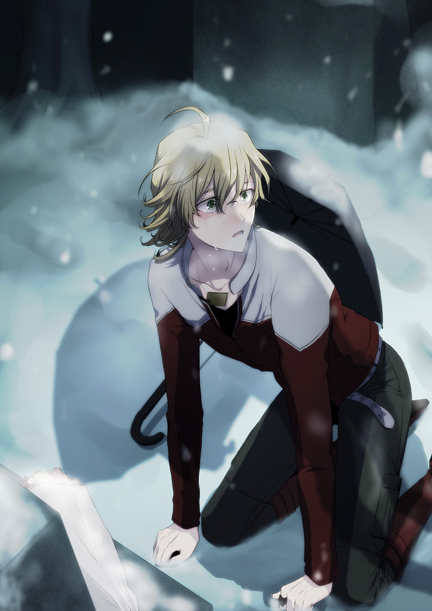 ane_(artist) barnaby_brooks_jr belt blonde_hair boots glasses grave green_eyes highres jacket jewelry kneeling male_focus necklace red_jacket shadow snow snowing solo spoilers studded_belt tiger_&amp;_bunny umbrella