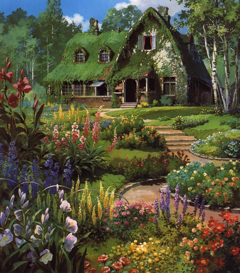 building flower garden house lilac majo_no_takkyuubin moss nature no_humans official_art overgrown scenery sky studio_ghibli traditional_media tree