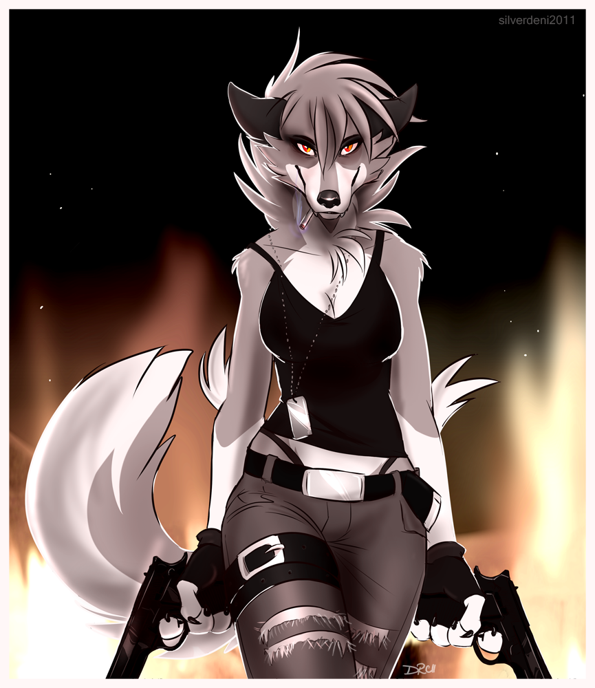 belt breasts canine cigarette cleavage clothing dual_wielding fingerless_gloves gloves gun looking_at_viewer necklace pinup pose ranged_weapon shirt silverdeni smoking solo standing tank_top torn_clothing weapon wolf