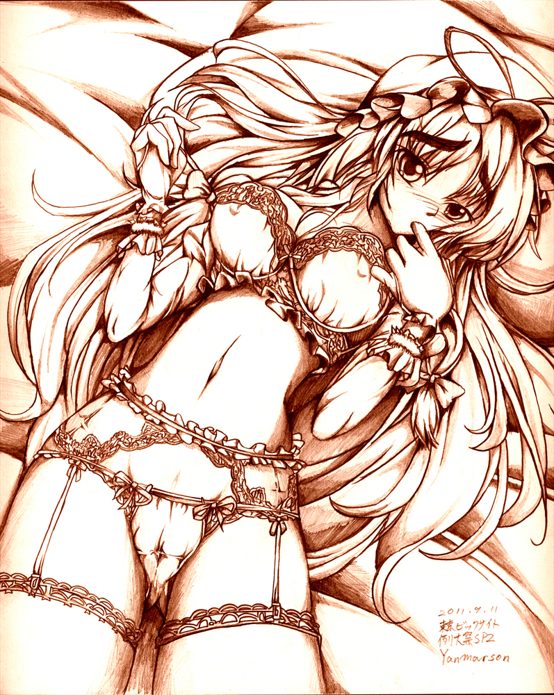 blush bra breasts covered_nipples finger_in_mouth finger_sucking frills garter_belt gloves hat lace lace-trimmed_bra lace-trimmed_thighhighs large_breasts lingerie long_hair lying monochrome navel on_back panties shikishi solo thighhighs touhou traditional_media underwear underwear_only yakumo_yukari yanmarson