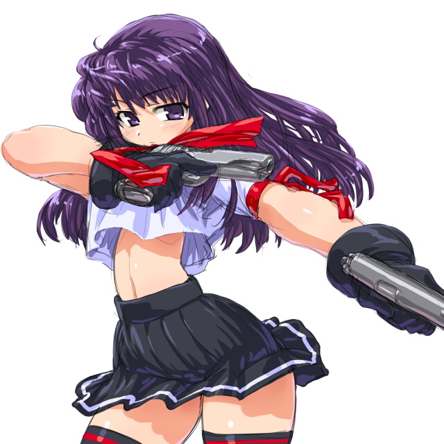 black_legwear black_skirt dd_(ijigendd) dual_wielding gangsta_hold gloves gun handgun holding long_hair miniskirt original pistol pleated_skirt purple_eyes purple_hair sketch skirt solo striped striped_skirt thighhighs weapon