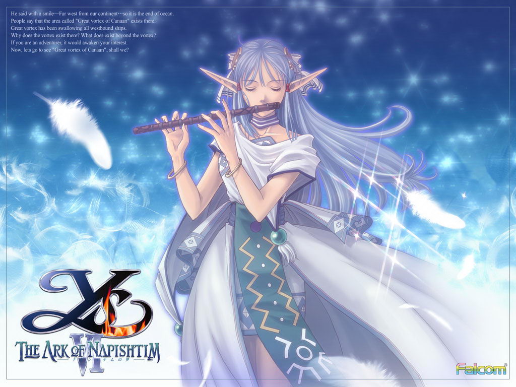 blue_hair bow bracelet cape closed_eyes company_name copyright_name elf flute hair_ribbon instrument jewelry logo long_hair long_pointy_ears miniskirt official_art olha_(ys) pointy_ears print_skirt ribbon skirt solo taue_shunsuke wallpaper white_skirt ys ys_vi_ark_of_napishtim