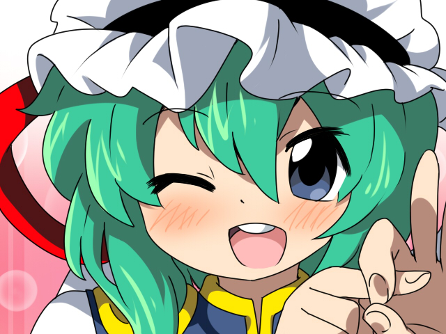 :d bad_id bad_pixiv_id blue_eyes blush close-up eromame face green_hair hand_gesture hands hat one_eye_closed open_mouth penetration_gesture shiki_eiki smile solo touhou upper_body