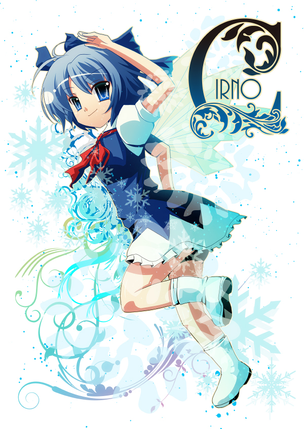 1girl ascot blue_eyes blue_hair boots bow cirno dress hair_bow salute smile snowflakes solo touhou wings