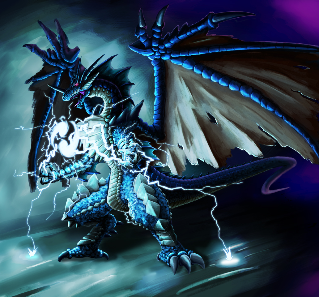 bad_pixiv_id dragon glowing glowing_eyes horns lightning magic no_humans original torn_wings wings
