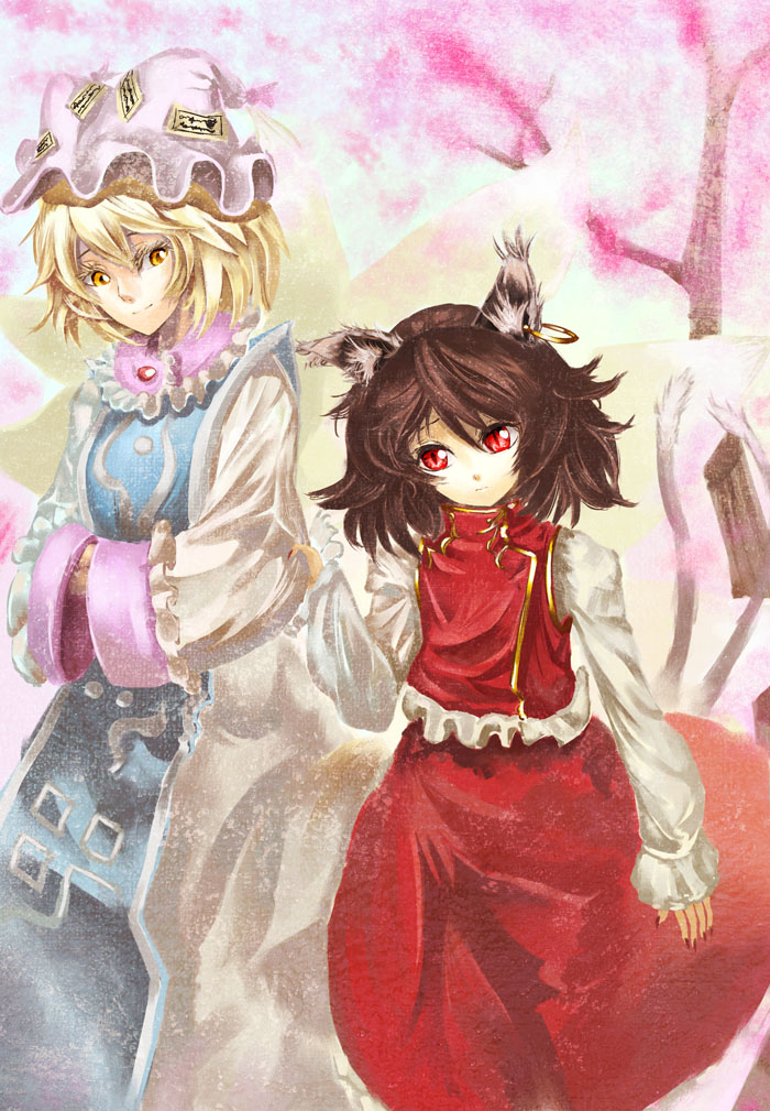 bad_id bad_pixiv_id chen cherry_blossoms hands_in_opposite_sleeves multiple_girls nail_polish no_hat no_headwear red_eyes sleeve_tug slit_pupils tin078 touhou yakumo_ran