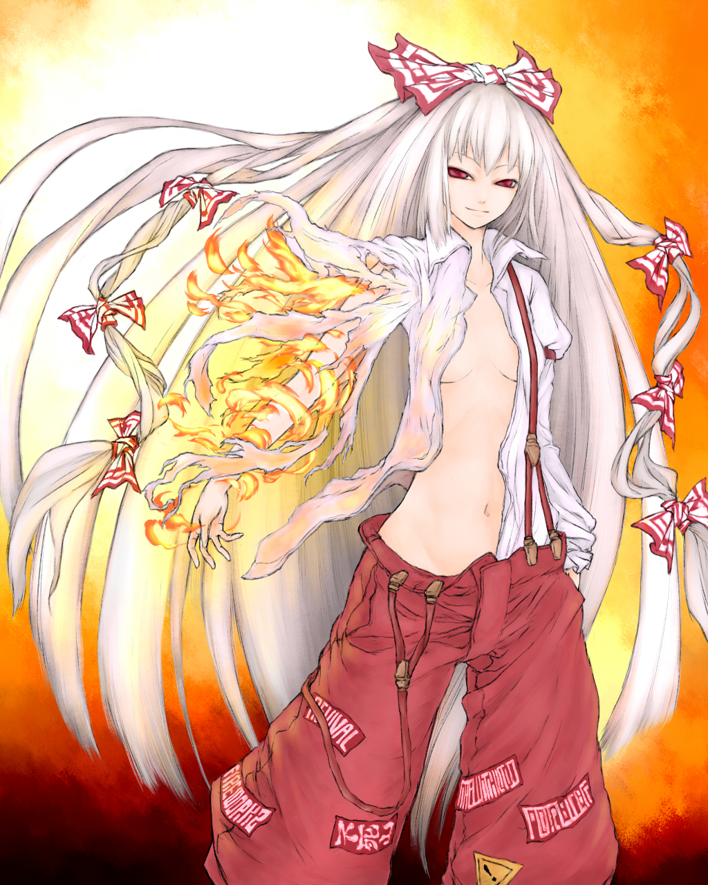 bow breasts dress_shirt fire fujiwara_no_mokou hair_bow hand_in_pocket highres ise_(0425) long_hair navel no_bra open_clothes open_shirt pants red_eyes shirt silver_hair small_breasts smile solo suspenders torn_clothes touhou very_long_hair