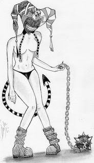 black_and_white boots breasts chain creepy evil evil_grin female hat monochrome navel panties solo suspenders tail topless underwear unknown_artist