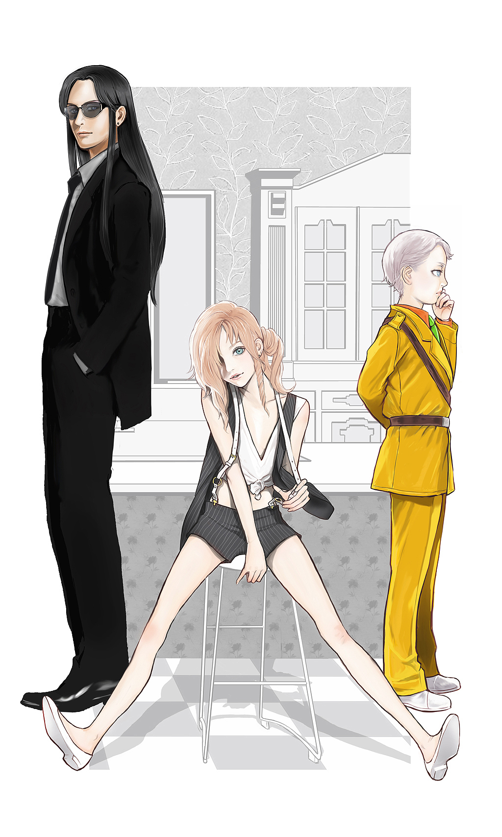 androgynous black_hair blonde_hair ebba formal highres jack_barbarosa_bancoran long_hair male_focus maraich_juschenfe multiple_boys otoko_no_ko patalliro! patalliro_du_malyner_viii short_hair sitting standing suit sunglasses uniform