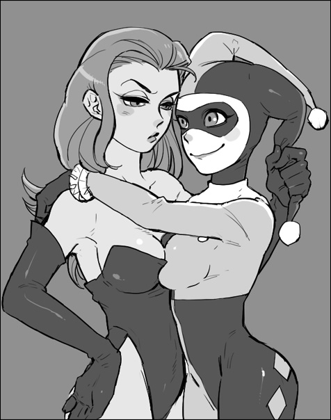 bad_id bad_pixiv_id batman_(series) blush bodysuit breasts cleavage dc_comics domino_mask elbow_gloves gloves greyscale harley_quinn hat jester leotard long_hair mask medium_breasts monochrome multiple_girls picoheads poison_ivy yuri
