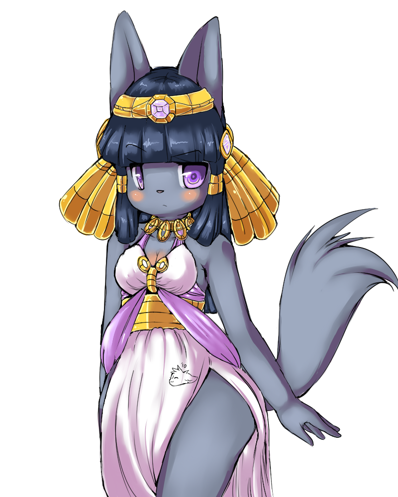 anthro anubian_jackal blue_hair blush breasts canine cleavage clothed clothing dress egyptian female hair jackal jewelry looking_at_viewer mammal necklace parupi pinup plain_background pose purple_eyes shineymagic simple_background solo