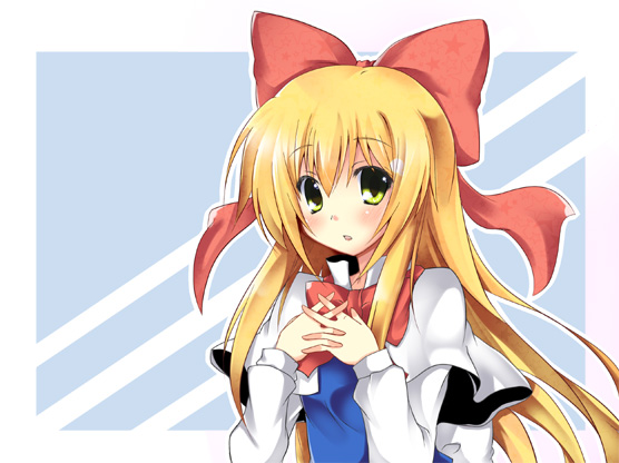 bad_id bad_pixiv_id blonde_hair blush bow capelet hair_bow hands_clasped itamochi long_hair looking_at_viewer own_hands_together shanghai_doll simple_background solo touhou upper_body yellow_eyes