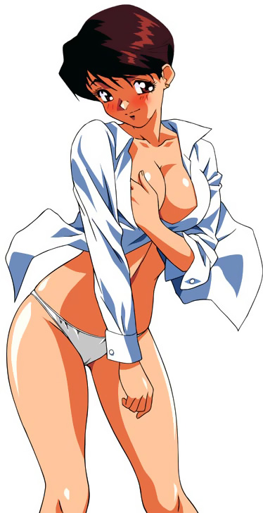 blush breasts brown_eyes brown_hair cleavage covering covering_one_breast dark_skin earrings jewelry large_breasts long_sleeves open_clothes open_shirt panties shirt short_hair simple_background skindentation sleeves_pushed_up smile solo super_real_mahjong tanaka_ryou toono_mizuki underwear white_panties