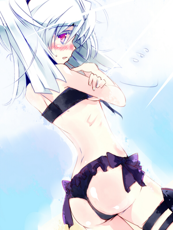 ass bikini blaze_(artist) blush from_behind infinite_stratos laura_bodewig looking_back red_eyes silver_hair solo swimsuit thigh_strap twintails