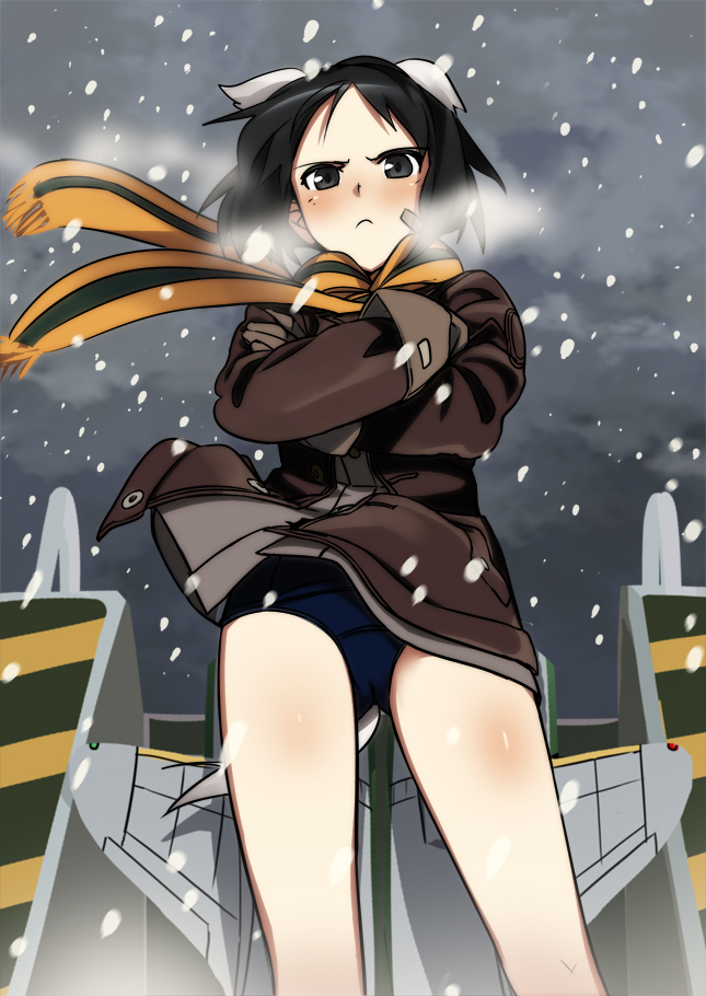 animal_ears bandaid bandaid_on_face black_eyes black_hair body_blush brave_witches breath crossed_arms kanno_naoe looking_down ningen_(ningen96) scarf short_hair snow snowing solo standing striped striped_scarf wind world_witches_series