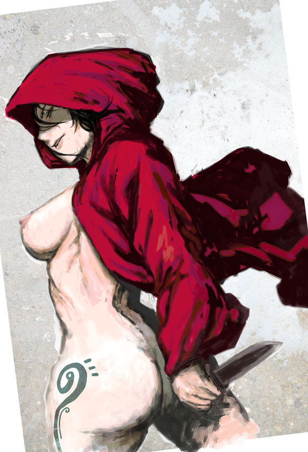 ass black_hair breasts cape grimm's_fairy_tales hood knife little_red_riding_hood little_red_riding_hood_(grimm) medium_breasts naked_cape naked_coat nipples oono_tsutomu reverse_grip short_hair solo tattoo