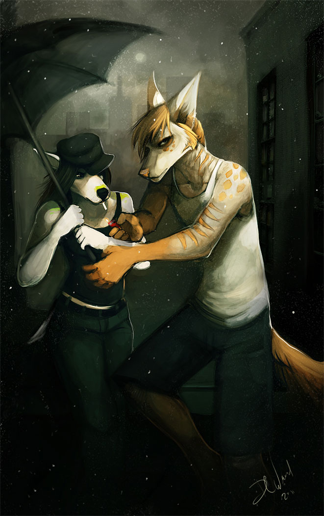 black_hair canine cigarette clothed clothing coyox dog female fire hair hat lighter looking_at_viewer male mammal markings outside pants rain shirt tank_top umbrella