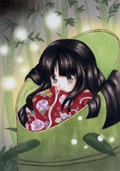 bamboo bangs black_hair blunt_bangs grey_eyes hiyokonomi houraisan_kaguya japanese_clothes kimono leaf long_hair smile solo touhou