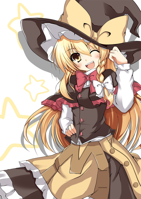 :d ;d bad_id bad_pixiv_id blonde_hair bow bowtie braid buttons capelet hair_bow hand_on_hip hat itamochi kirisame_marisa long_hair one_eye_closed open_mouth side_braid smile solo touhou undefined_fantastic_object witch_hat yellow_eyes