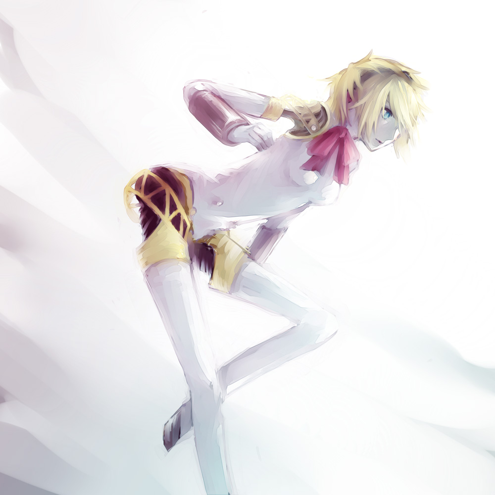 720yen aegis_(persona) android bent_over blonde_hair blue_eyes bow hair_over_one_eye hairband neck_ribbon persona persona_3 ribbon short_hair simple_background solo standing standing_on_one_leg