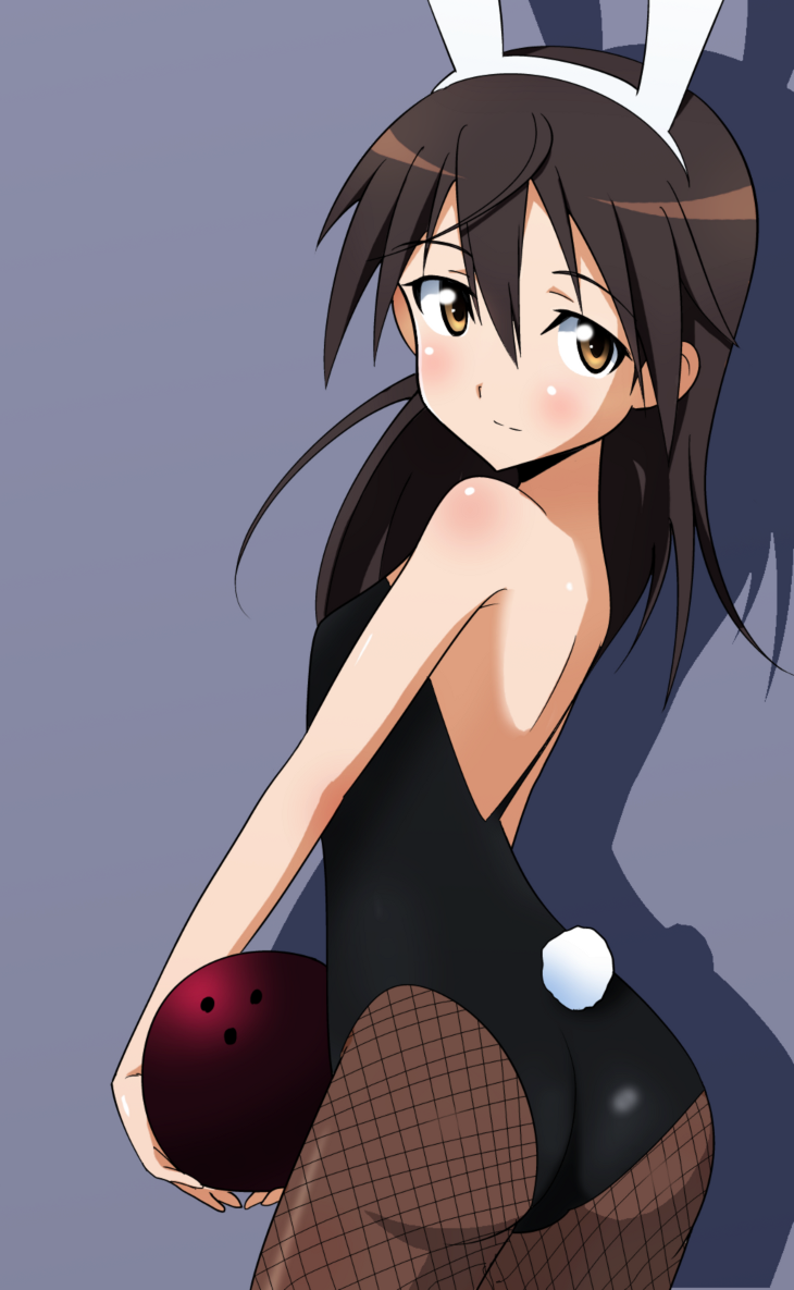 ass ball bare_shoulders bowling_ball brown_eyes brown_hair bunny_girl bunny_tail bunnysuit gertrud_barkhorn long_hair looking_back pantyhose simple_background solo strike_witches tail tokiani world_witches_series