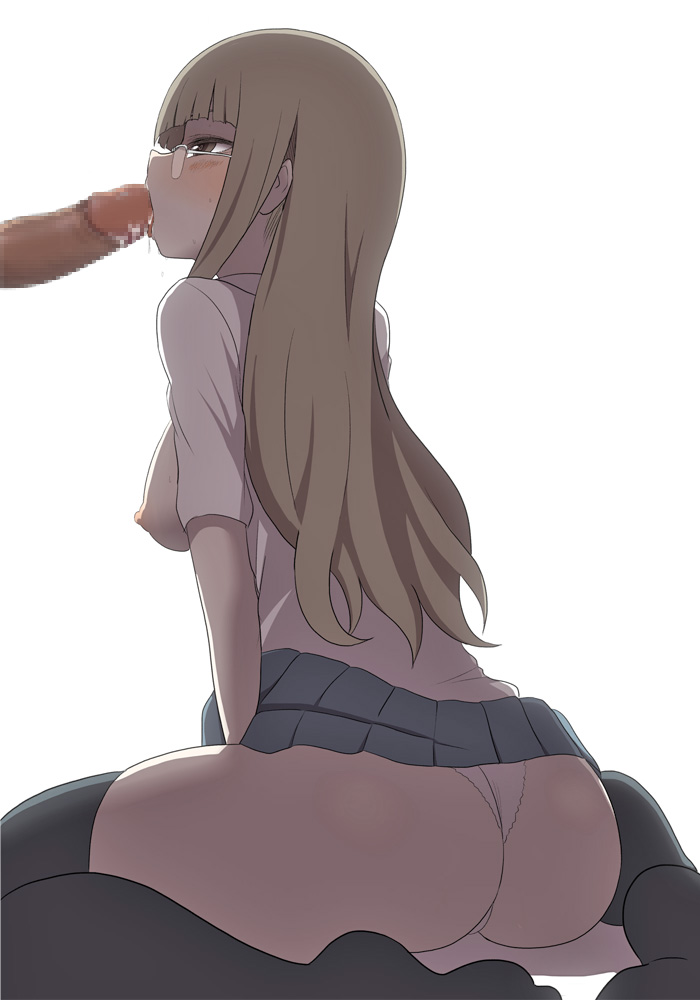 ass bangs black_legwear blunt_bangs blush breasts brown_eyes brown_hair censored fellatio glasses ken_(koala) long_hair medium_breasts mosaic_censoring oral original panties penis saliva simple_background skirt solo_focus straight_hair thighhighs underwear white_background white_panties