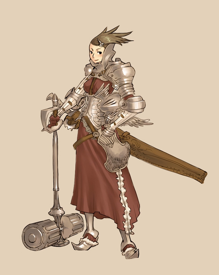 armor armored_dress brown_hair hair_ornament hammer helmet kaieda_hiroshi original scabbard sheath solo