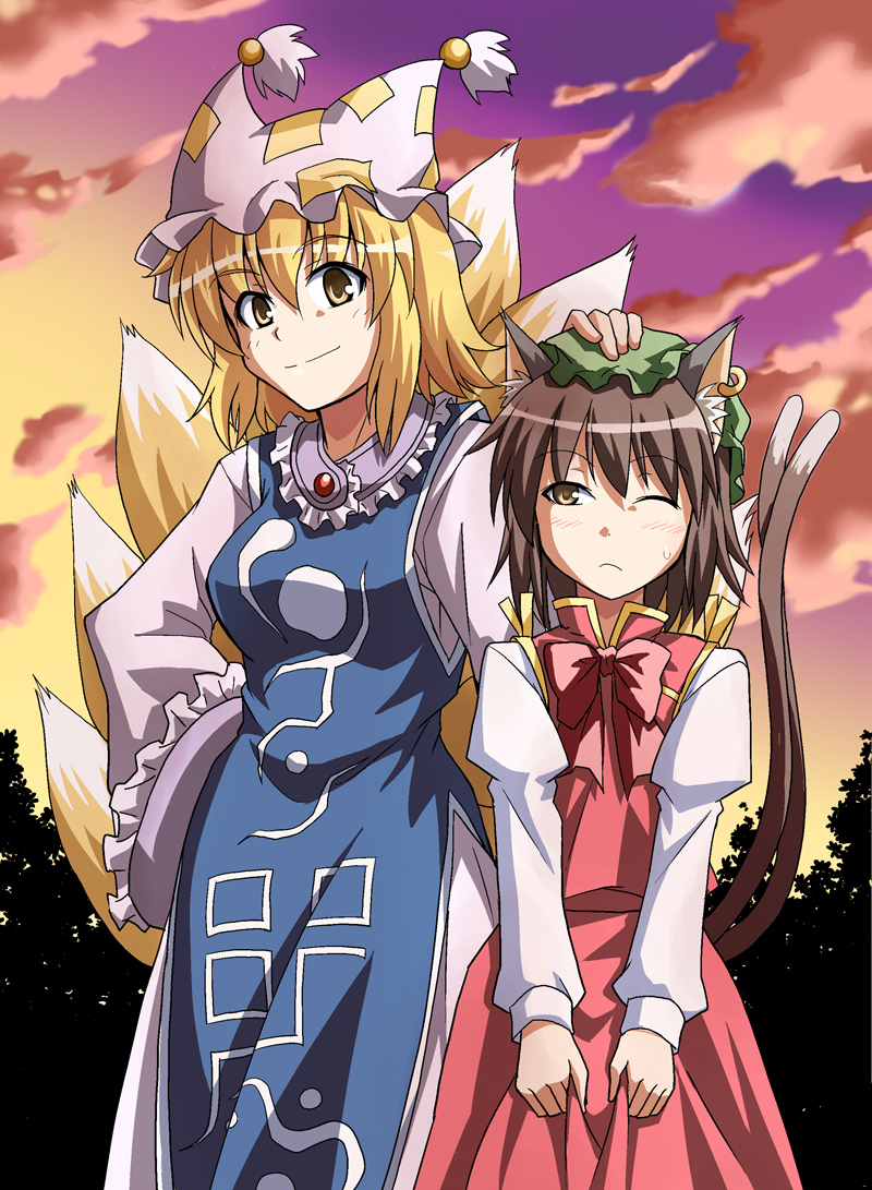 chen hand_on_another's_head multiple_girls one_eye_closed rimibure skirt_hold smile sunset touhou yakumo_ran